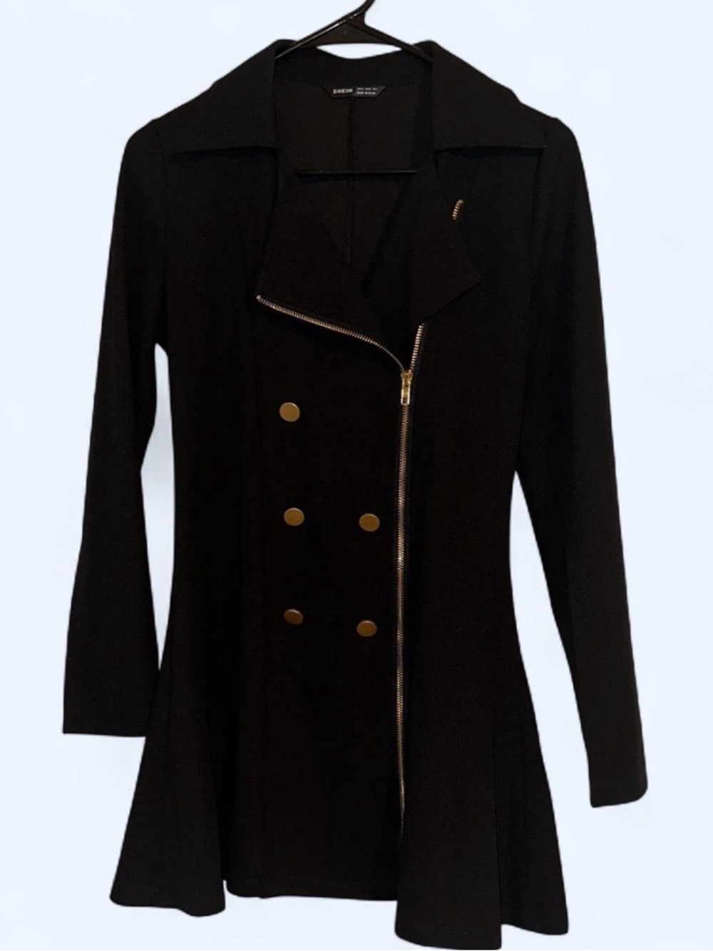 Black Asymmetric Zip & Button Long Coat Dress
